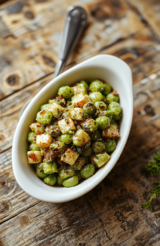 A vibrant plate of bright green peas garnished with fresh herbs, served alongside golden roasted turkey and mashed potatoes, styled with a rustic wooden table and holiday-themed decorations, showcasing a colorful and appetizing presentation with textures of tender peas and crispy herbs.