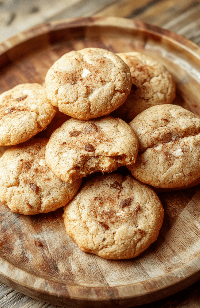 A close-up of beautifully browned, soft and chewy snickerdoodle cookies sprinkled generously with cinnamon sugar, arranged on a rustic wooden plate with a light dusting of cinnamon powder, showcasing their slightly cracked surface and chewy texture, styled with a cozy kitchen backdrop.