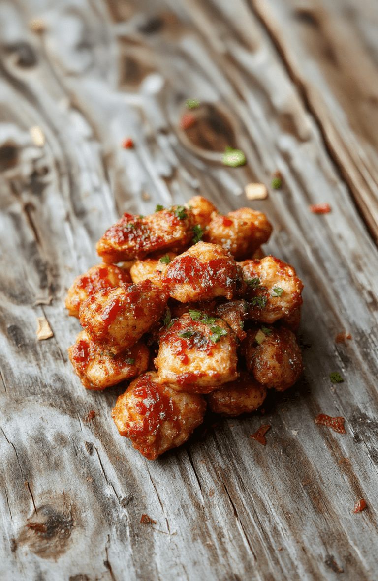 Bright and vibrant spicy firecracker chicken plated on a rustic white dish, glazed with a glossy spicy sauce, garnished with green onions and sesame seeds, with crispy edges and juicy interior, surrounded by colorful vegetables for contrast.