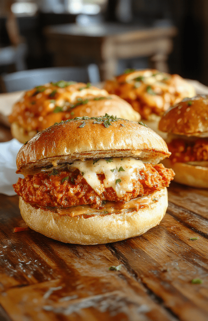 A vibrant plated Nashville hot chicken sandwich featuring crispy fried chicken coated in fiery red spicy sauce, topped with crunchy pickles and fresh lettuce on a toasted bun, vibrant colors, and textures highlighted with a rustic background.