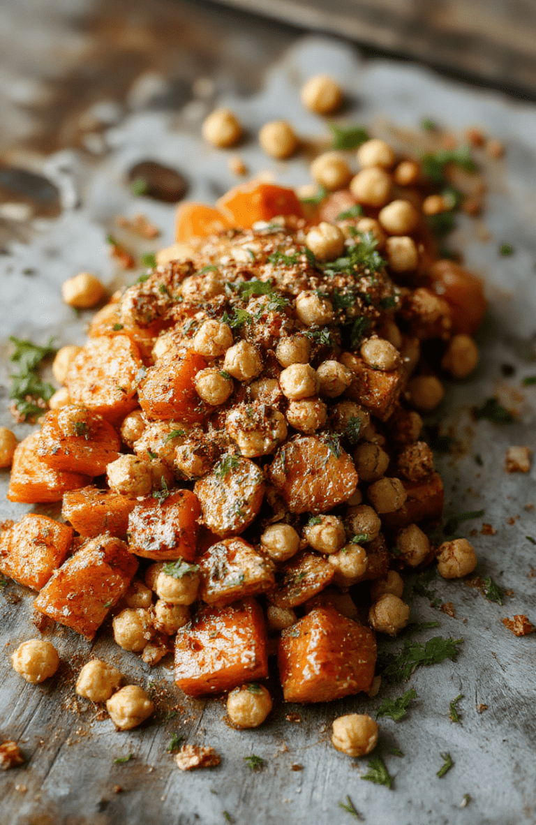 Colorful roasted carrots glistening with spices, topped with crispy chickpeas, arranged on a rustic white plate, garnished with fresh herbs, with a vibrant orange and green color palette, styled on a natural wooden surface with soft natural daylight highlighting the textures and appetizing appearance.