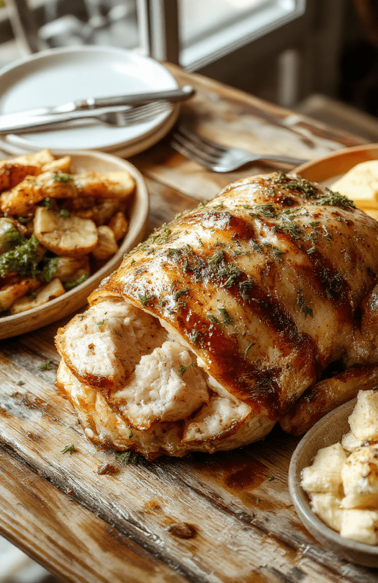 A beautifully arranged Thanksgiving feast featuring a golden roasted turkey, vibrant side dishes, and festive decorations, styled on a rustic wooden table with colorful fall leaves and candles, capturing a warm, inviting holiday atmosphere.