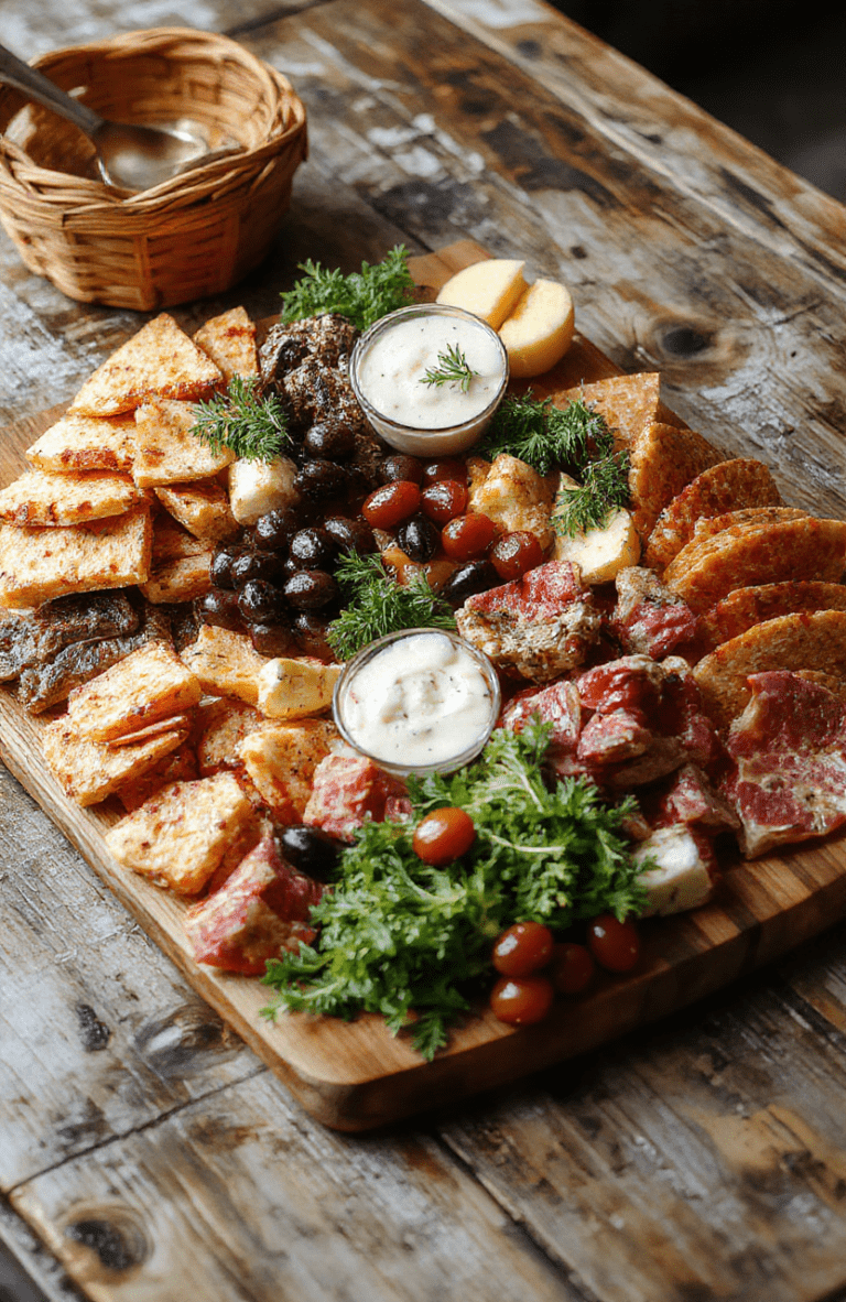 A vibrant charcuterie board featuring an assortment of cured meats, cheeses, fresh fruits, nuts, and charred bread slices, arranged artfully on a rustic wooden platter, styled with herbs and decorative elements in warm, inviting colors.