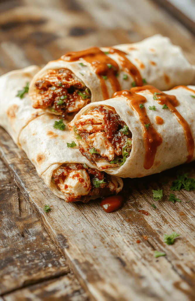 Colorful chicken wraps filled with crispy lettuce, diced chicken coated in glossy sweet chili sauce, topped with fresh cilantro, on a rustic wooden plate, vibrant and appetizing