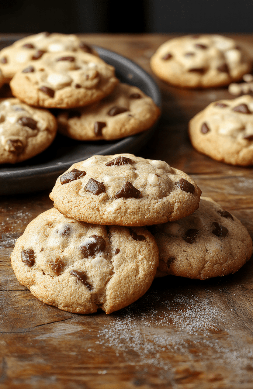 A rustic plate of golden-brown cowboy cookies, showcasing their chunky texture with visible chocolate chips and nuts, styled on a wooden surface with a cozy background, emphasizing the rich, chewy interior and crispy edges, accented with a glass of milk nearby