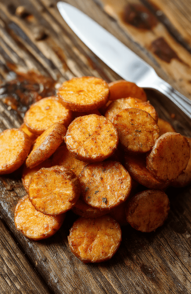 Colorful roasted sweet potato rounds arranged on a rustic wooden plate, golden-brown edges, sprinkled with herbs, with a side of fresh greens, textured surface, appealing and vibrant presentation