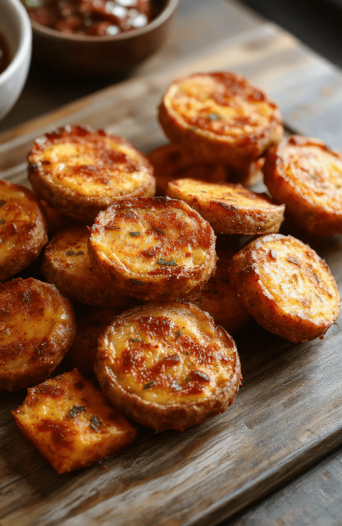 Golden-brown sweet potato rounds arranged neatly on a white plate, garnished with fresh herbs, with a crispy texture and vibrant orange color, styled on a rustic wooden table with a light background.