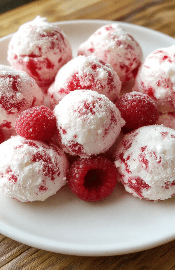 A close-up of bright red raspberry snowballs coated in powdered sugar, arranged on a white plate. The cookies are round, textured, and dusted with fine sugar, with a soft and crumbly appearance. Light snowfall of powdered sugar surrounds the plate, and blurred holiday decorations are visible in the background.