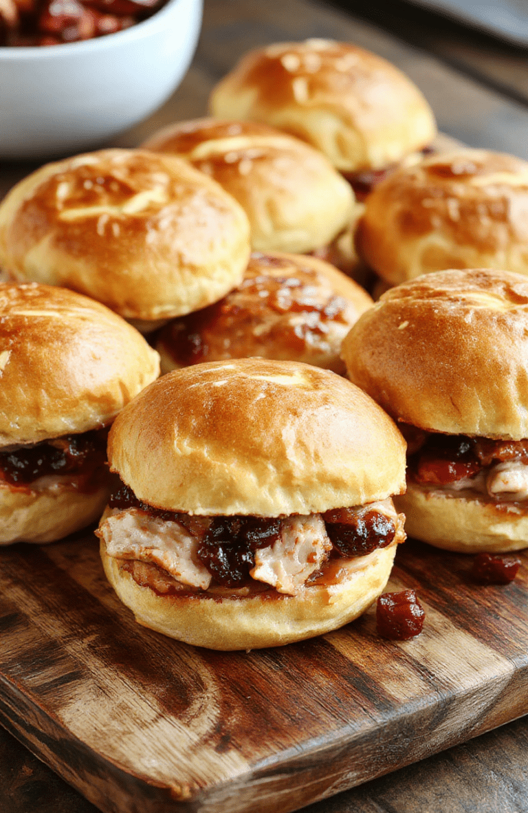 A close-up of beautiful turkey cranberry sliders arranged on a rustic wooden platter, featuring toasted slider buns with slices of turkey, vibrant cranberry sauce, melted cheese, and fresh herbs, textured with a glossy finish and colorful accents from garnishes.