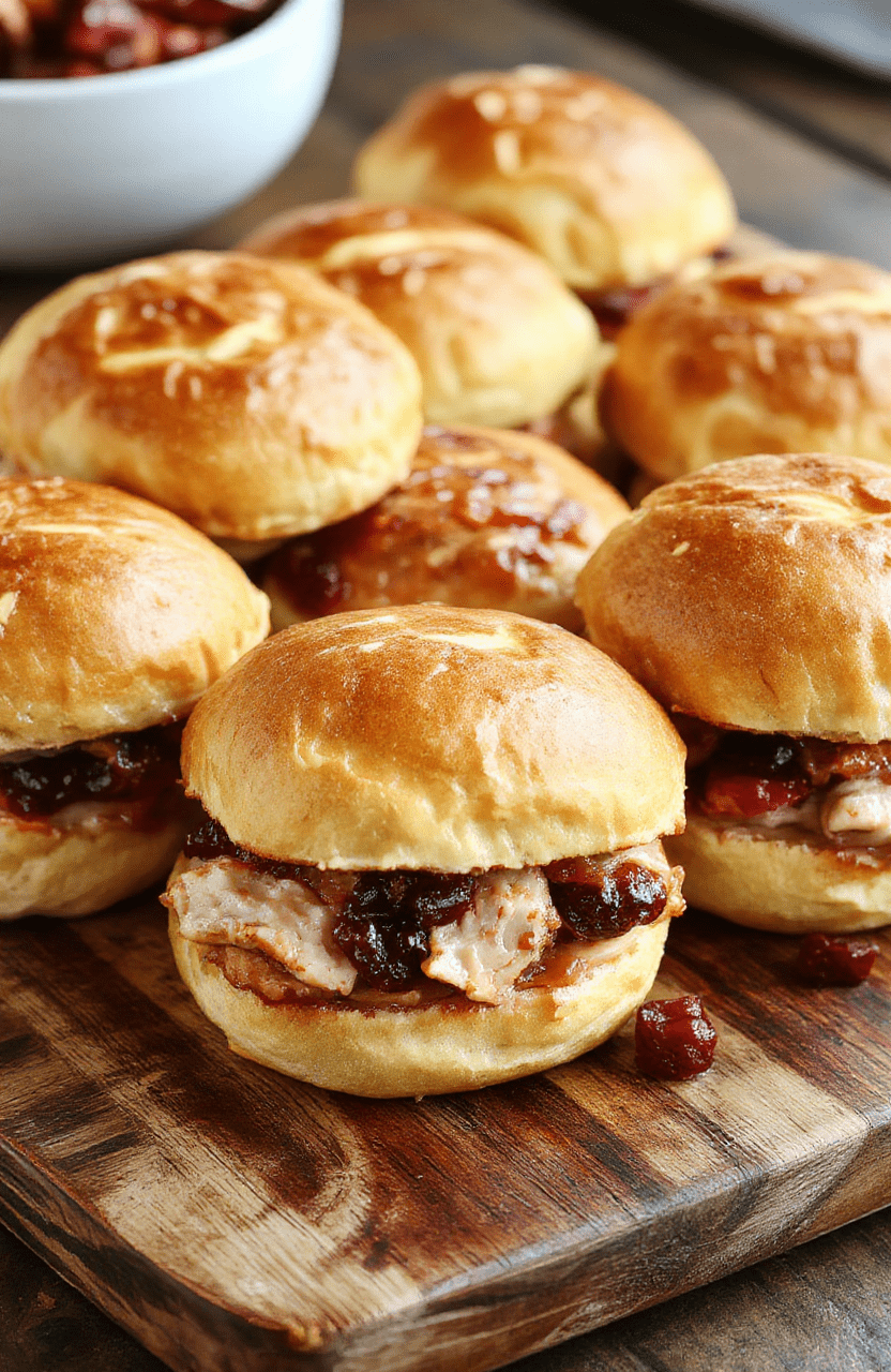 A close-up of beautiful turkey cranberry sliders arranged on a rustic wooden platter, featuring toasted slider buns with slices of turkey, vibrant cranberry sauce, melted cheese, and fresh herbs, textured with a glossy finish and colorful accents from garnishes.