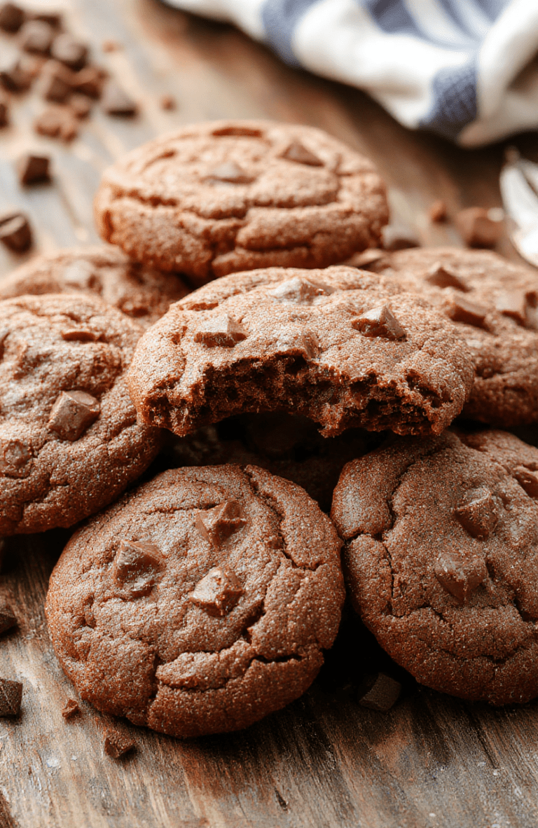 A plate of warm hot chocolate cookies dusted with powdered sugar, surrounded by cups of hot cocoa and winter-themed decorations, showcasing rich chocolatey textures and a comforting atmosphere