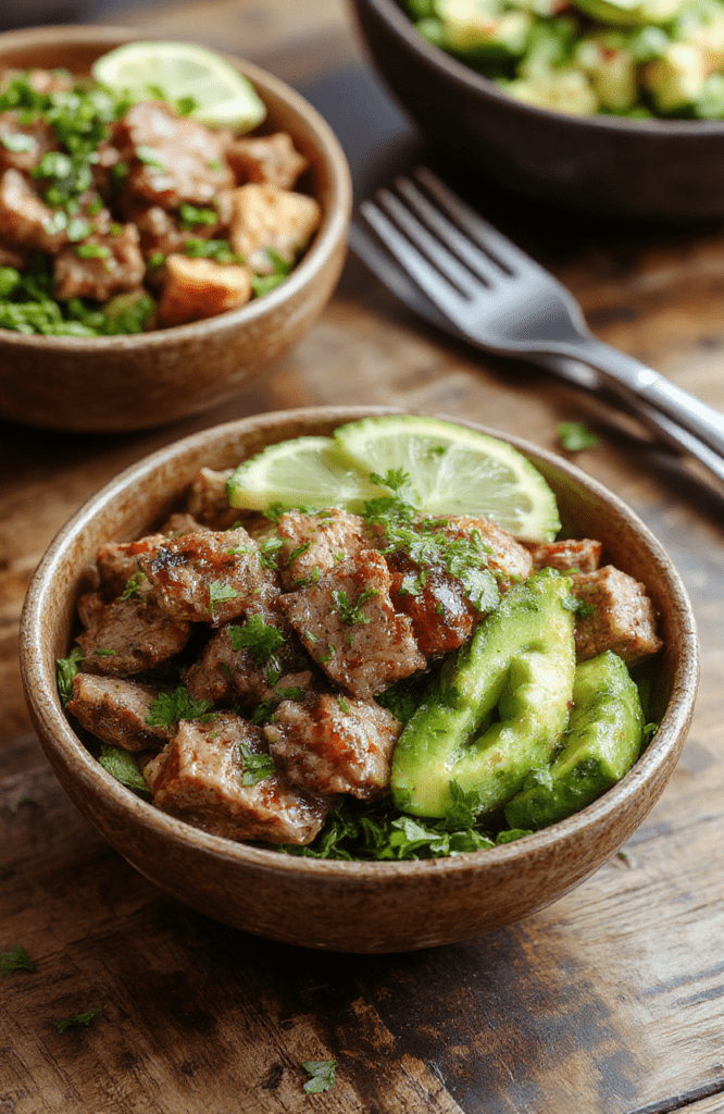 Colorful steak bowls featuring tender grilled beef sliced and arranged over a bed of fresh cilantro, lime wedges, bowl of cooked rice, vibrant vegetables, garnished with cilantro leaves and lime slices. Bright lighting highlights the juicy texture and fresh ingredients, styled casually for an inviting meal.