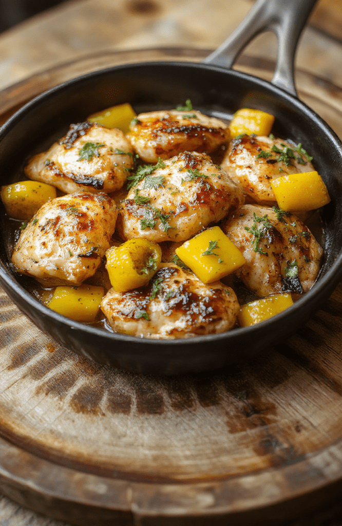 A vibrant skillet dish featuring golden grilled chicken breasts topped with bright yellow pepperoncini peppers, garnished with fresh herbs. The chicken is arranged on a rustic wooden plate, surrounded by colorful vegetables and a drizzle of sauce, styled simply for a casual, appetizing presentation.