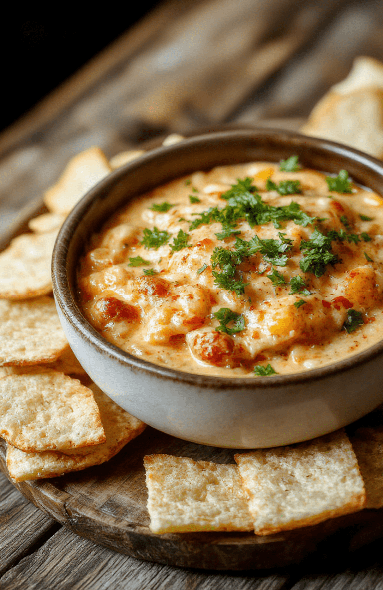 A vibrant bowl of hot crack corn dip with melted cheese, crispy crack corn topping, and colorful garnishes on a rustic wooden table, styled with fresh herbs and chili flakes, showcasing a rich, creamy texture with crispy elements and a spicy, cheesy appeal.