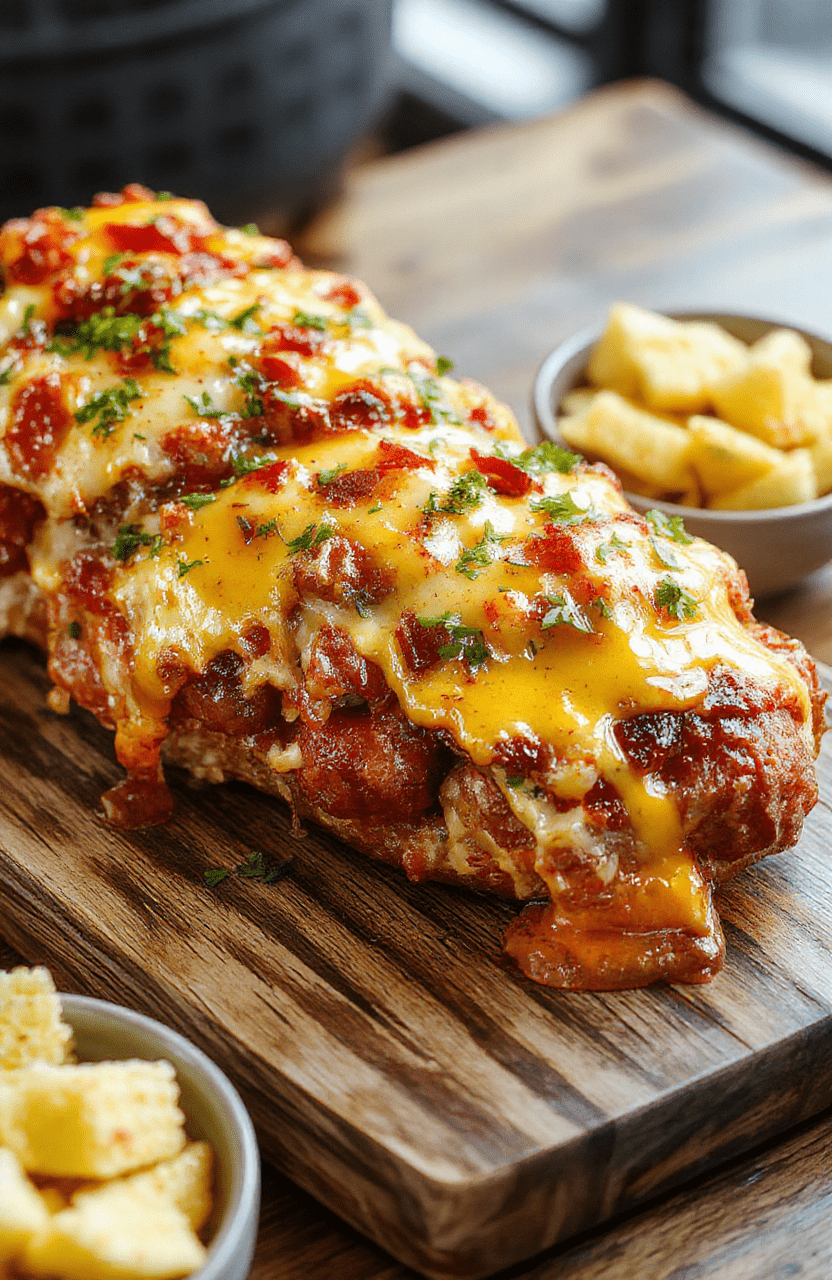 Colorful and crispy air fryer grilled cheese hot dogs arranged on a rustic wooden platter, with melted cheese oozing over plump hot dogs, topped with chopped herbs and served with a side of crispy potato chips, styled with a casual, inviting aesthetic.