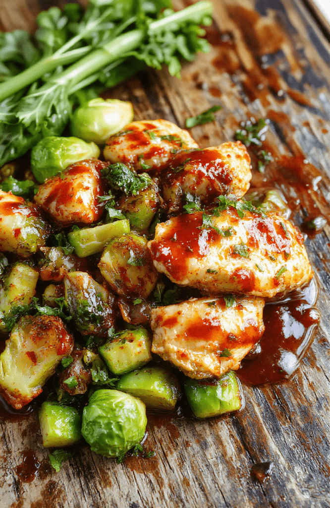 Colorful plate featuring crispy air fryer sweet chili chicken pieces with charred Brussels sprouts, drizzled with glossy sweet chili sauce, garnished with fresh herbs, styled simply on a white ceramic plate.