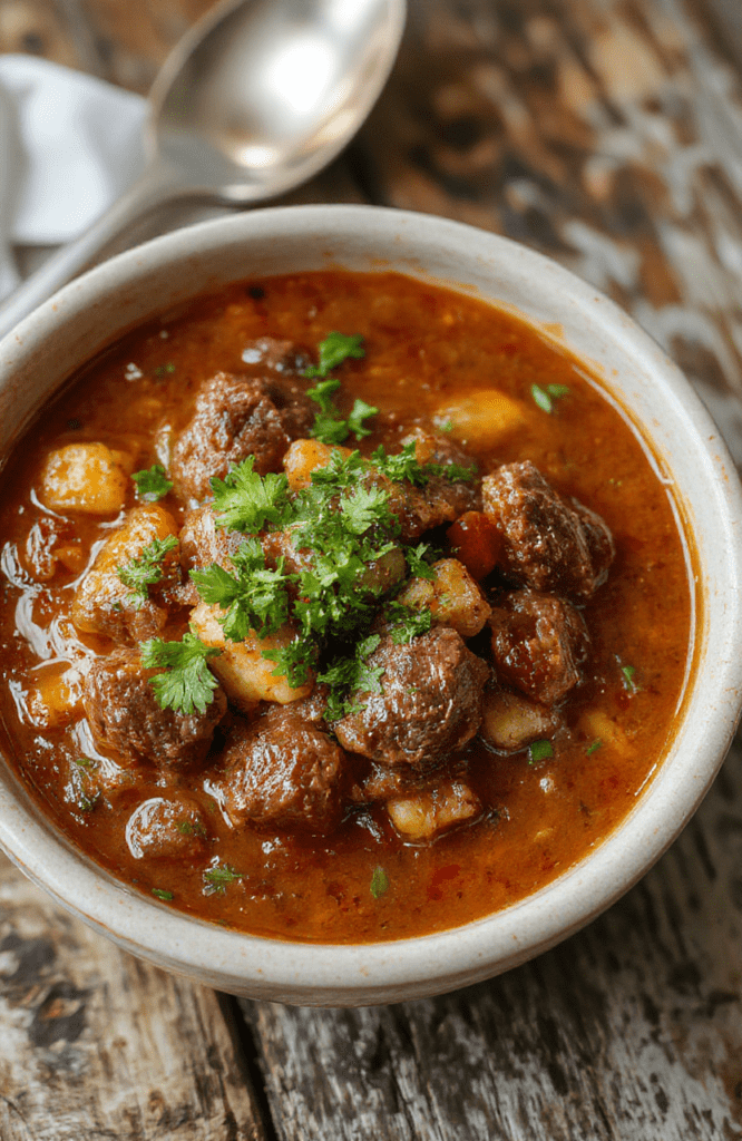 A vibrant bowl of rich and tender birria beef stew with shredded beef, garnished with fresh cilantro and sliced onions, served on a rustic wooden table with warm lighting emphasizing the deep red and brown hues of the stew, with crispy tortillas in the background for dipping.