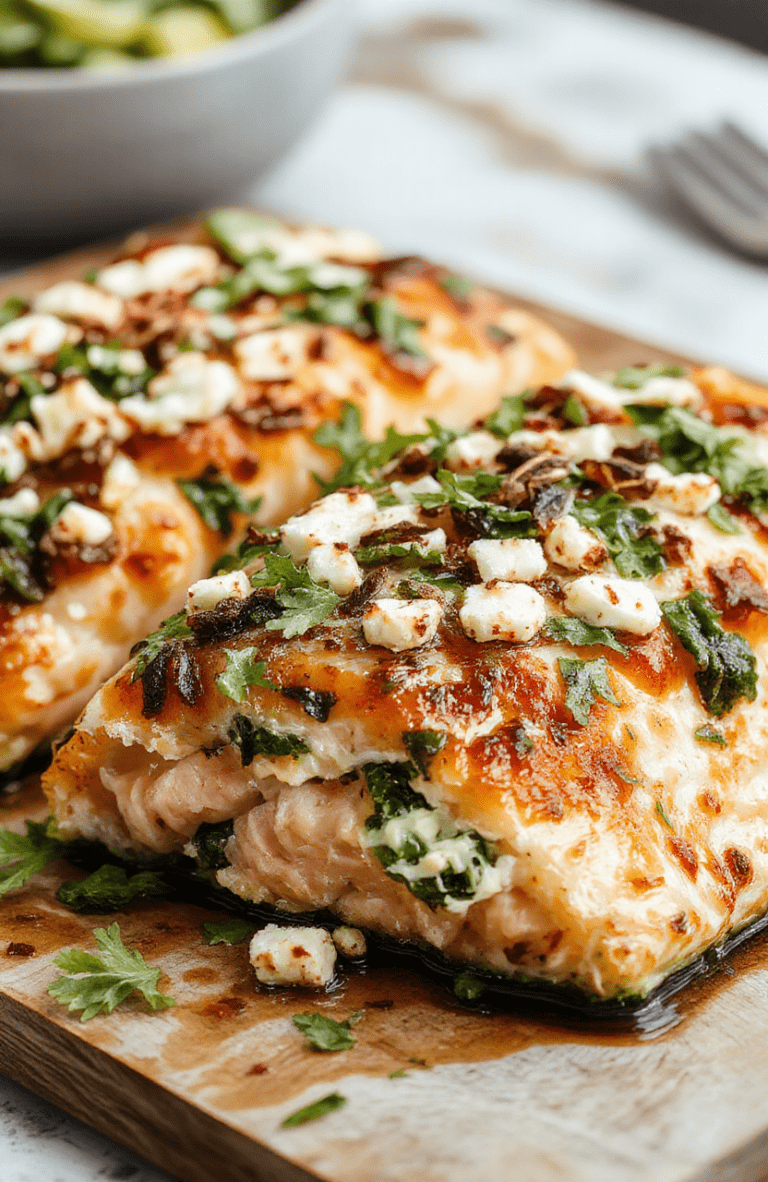 A vibrant baked salmon fillet topped with fresh spinach and crumbled feta cheese, plated elegantly with lemon wedges on a rustic wooden board, highlighting the crispy edges and tender interior, garnished with herbs and a drizzle of olive oil.