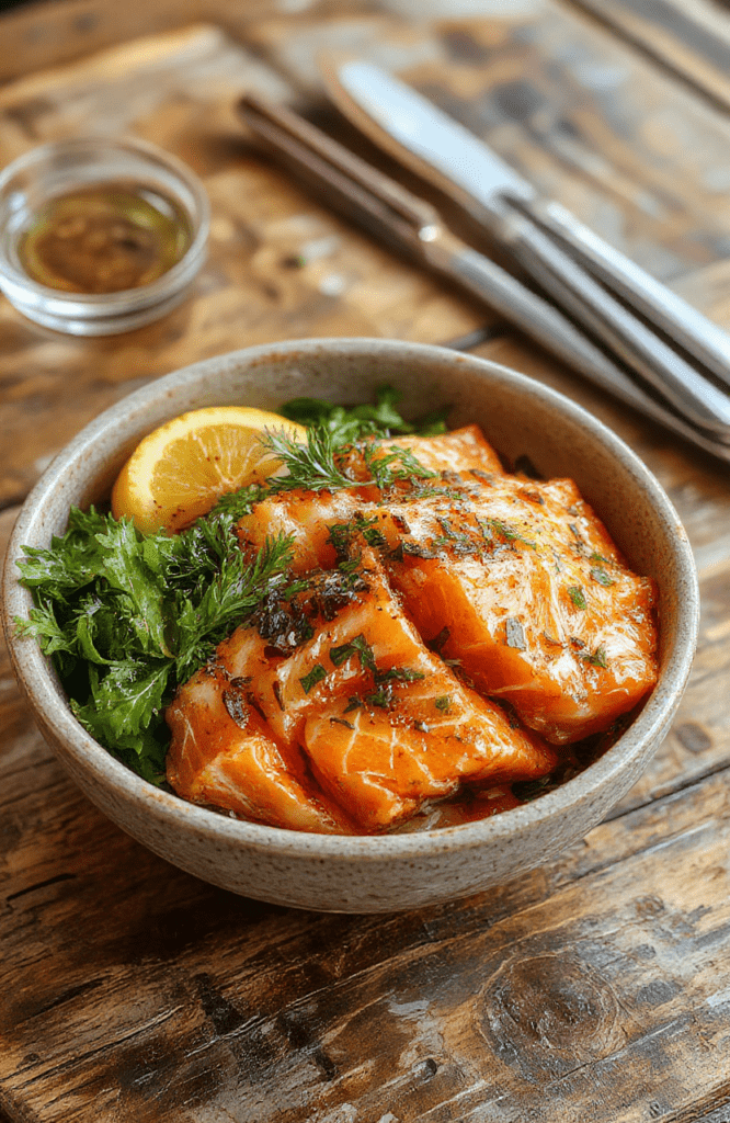 Colorful salmon bites topped with spicy Bang Bang sauce arranged in a bowl, garnished with green onions and sesame seeds, served on a rustic wooden platter with fresh vegetables around.