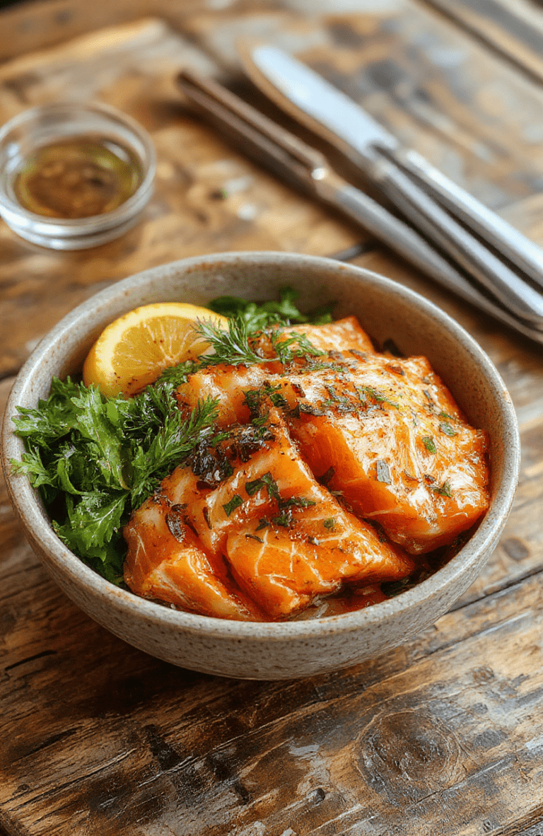 Colorful salmon bites topped with spicy Bang Bang sauce arranged in a bowl, garnished with green onions and sesame seeds, served on a rustic wooden platter with fresh vegetables around.