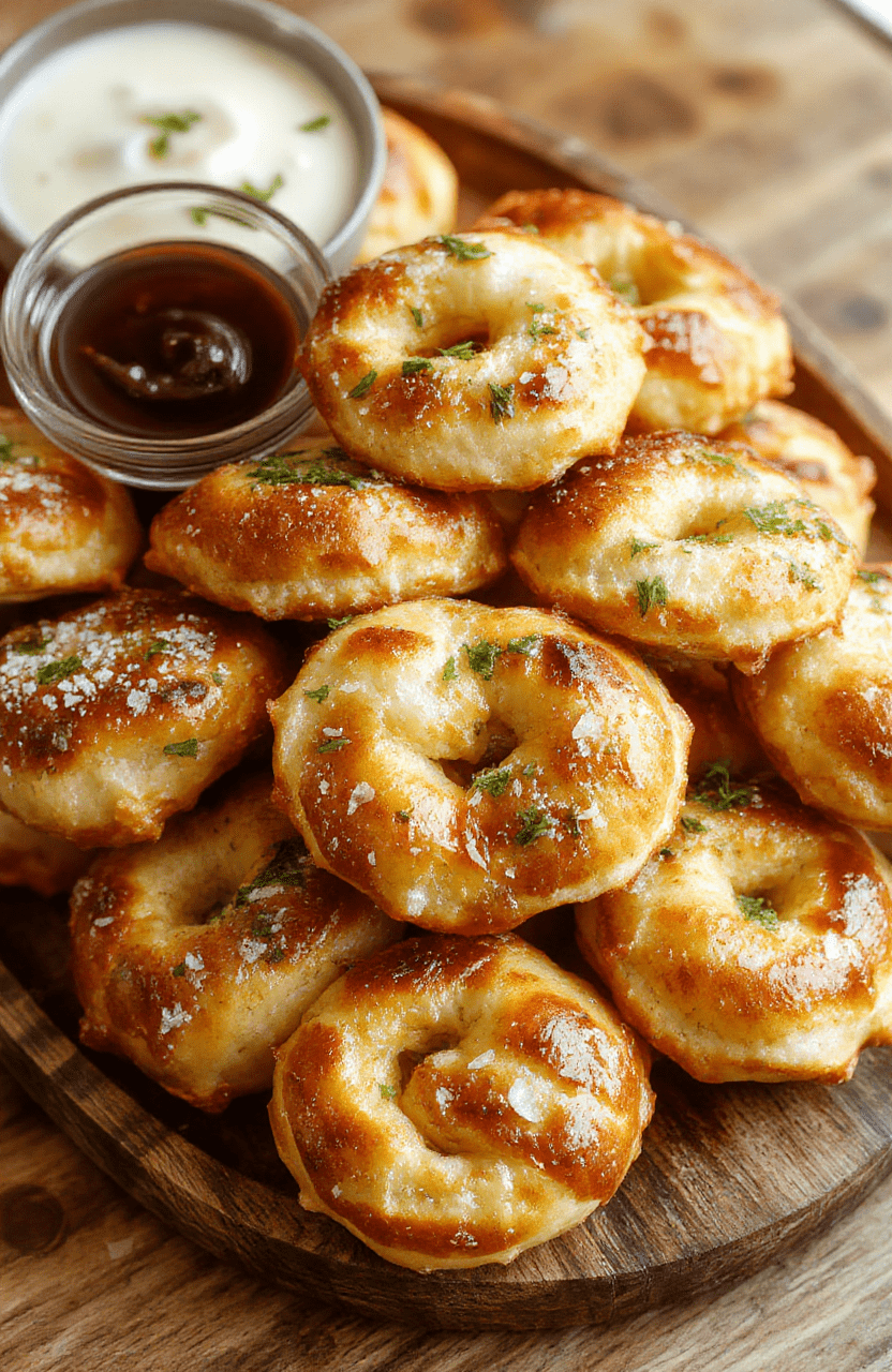 Golden-brown buttery soft pretzel bites arranged on a rustic wooden platter, sprinkled with coarse sea salt, with a glossy surface and chewy texture, styled with a sprinkle of fresh herbs and a dipping bowl of mustard on the side.