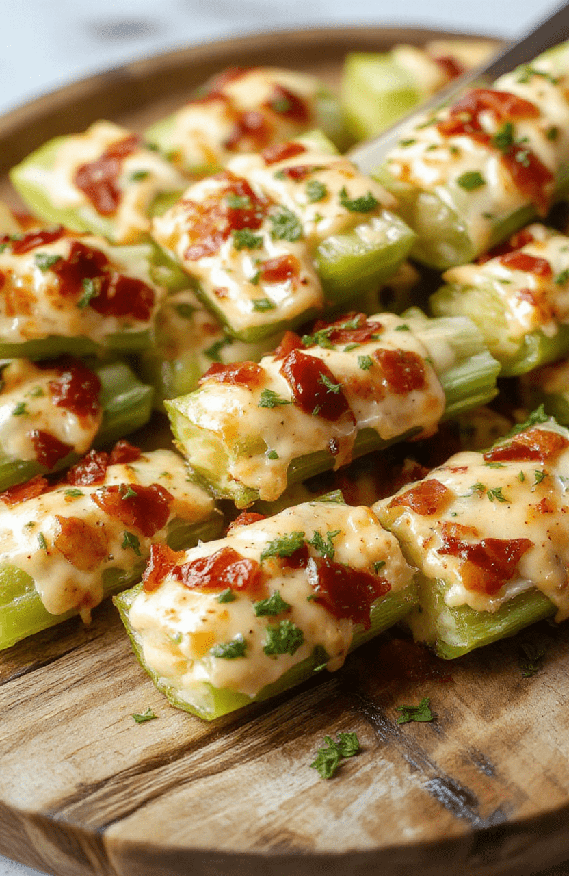 Colorful celery sticks generously stuffed with creamy cheddar cheese, crispy bacon bits, and drizzled with ranch dressing. The sticks are arranged on a rustic wooden platter, garnished with fresh herbs, showcasing vibrant green celery, golden bacon, and rich cheese textures in a casual and inviting presentation.