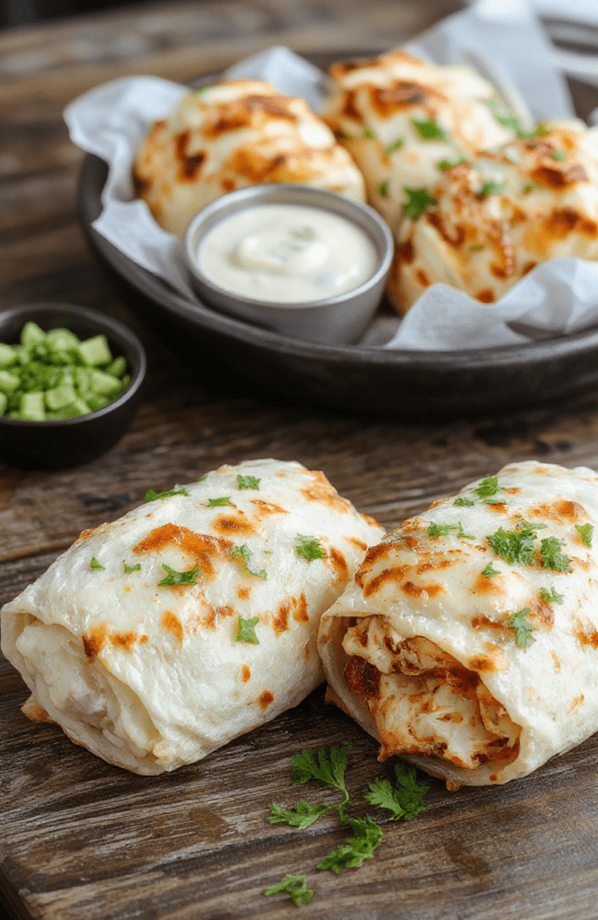 A vibrant plate of cheesy garlic chicken wraps stacked neatly, showcasing golden crispy tortillas filled with succulent chicken, melted cheese, and fresh herbs. The wraps are garnished with chopped parsley and drizzled with garlic sauce, set on a rustic wooden table with a colorful background, highlighting textures of gooey cheese, tender chicken, and crisp tortillas.