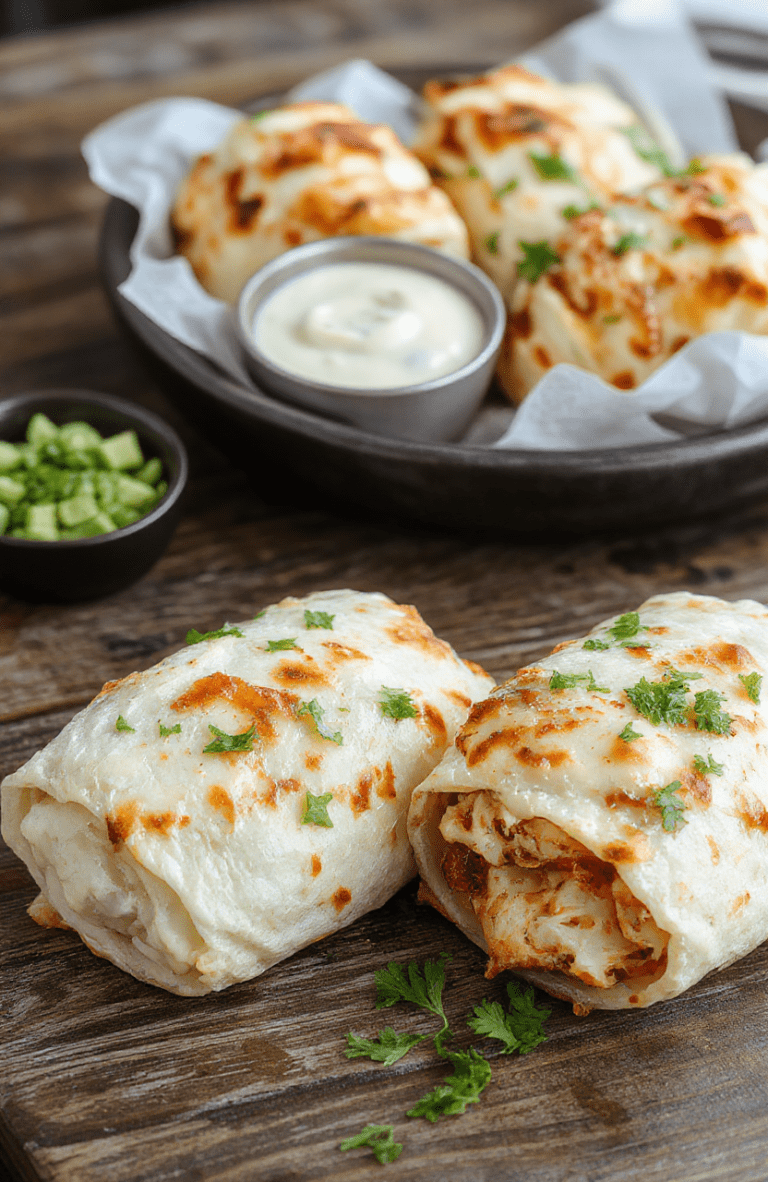 A vibrant plate of cheesy garlic chicken wraps stacked neatly, showcasing golden crispy tortillas filled with succulent chicken, melted cheese, and fresh herbs. The wraps are garnished with chopped parsley and drizzled with garlic sauce, set on a rustic wooden table with a colorful background, highlighting textures of gooey cheese, tender chicken, and crisp tortillas.