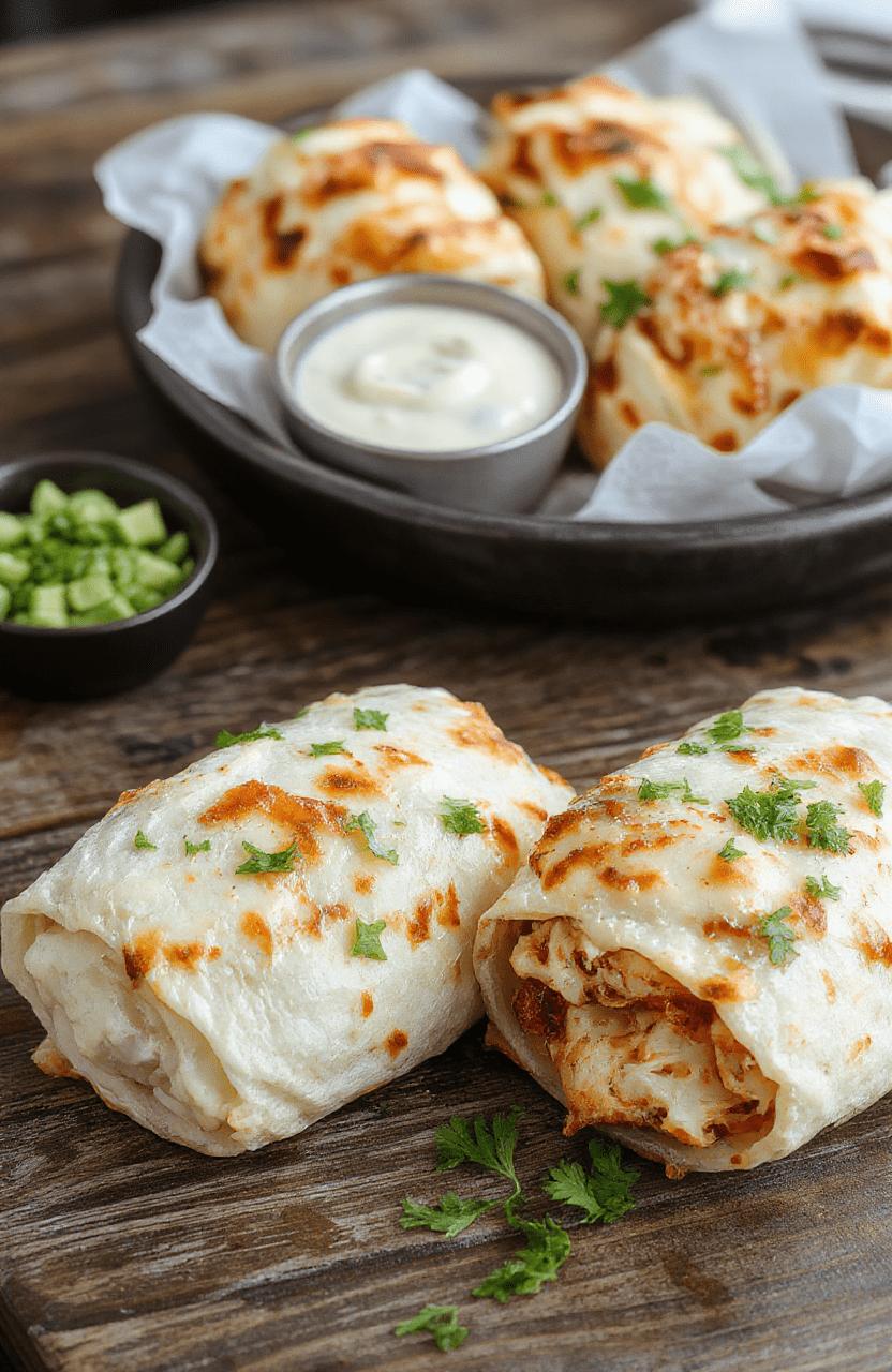 A vibrant plate of cheesy garlic chicken wraps stacked neatly, showcasing golden crispy tortillas filled with succulent chicken, melted cheese, and fresh herbs. The wraps are garnished with chopped parsley and drizzled with garlic sauce, set on a rustic wooden table with a colorful background, highlighting textures of gooey cheese, tender chicken, and crisp tortillas.