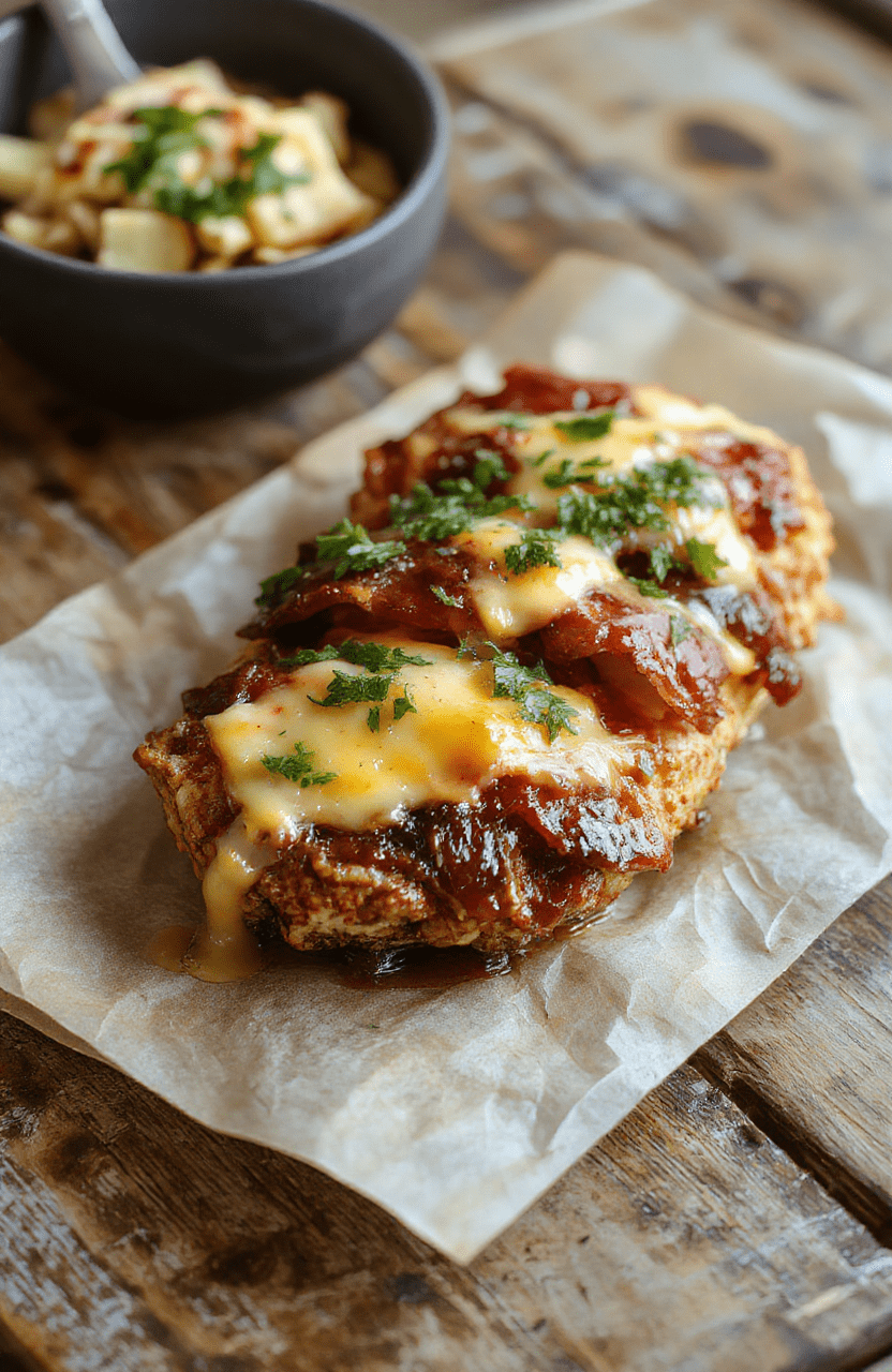 A vibrant plate of Cowboy BBQ Bacon Cheddar Chicken featuring golden-brown grilled chicken topped with crispy bacon, melted cheddar cheese, and a rich barbecue glaze. The dish is garnished with chopped green onions, served on a rustic wooden table with a side of fresh salad and sliced bread. The textures look juicy, crispy, and cheesy, with a glossy barbecue sauce enhancing the appetizing presentation.