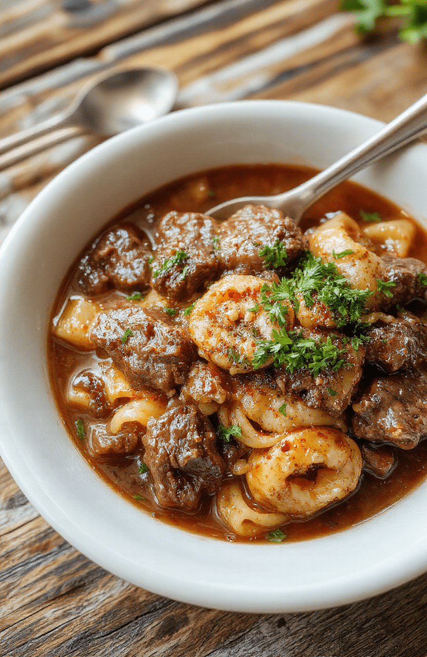A comforting bowl of beef and noodles in a rustic ceramic dish, topped with fresh herbs, showcasing tender beef chunks, wide egg noodles, and rich gravy. The dish is styled on a wooden table with a cozy, warm atmosphere, emphasizing its hearty and inviting nature.