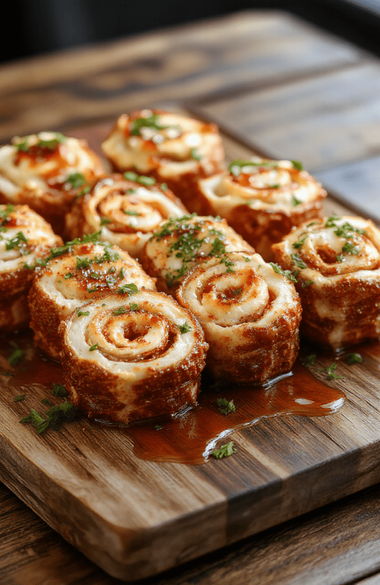 Colorful plate of golden-brown crack chicken pinwheels garnished with fresh herbs, served on a rustic wooden board. The pinwheels reveal a creamy, cheesy filling with hints of green herbs, with textures of flaky pastry and melted cheese, styled with a casual yet appealing presentation, perfect for a football party.