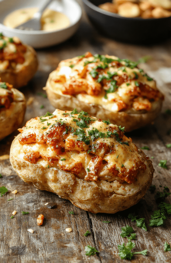 A close-up of golden baked potatoes halved and topped with creamy crack chicken mixture, melted cheese, and fresh green herbs, arranged on a rustic wooden surface with a crispy skin and tender filling visible.