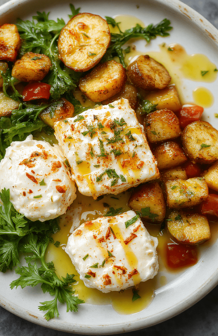 Colorful baked feta and vibrant vegetables arranged on a rustic white plate, drizzled with olive oil and herbs, showcasing creamy textures and fresh ingredients.