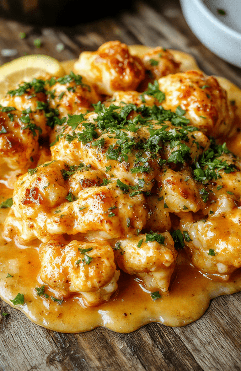 A colorful casserole dish filled with creamy buffalo chicken topped with melted cheese and crispy cauliflower florets, garnished with fresh green herbs on a rustic wooden table