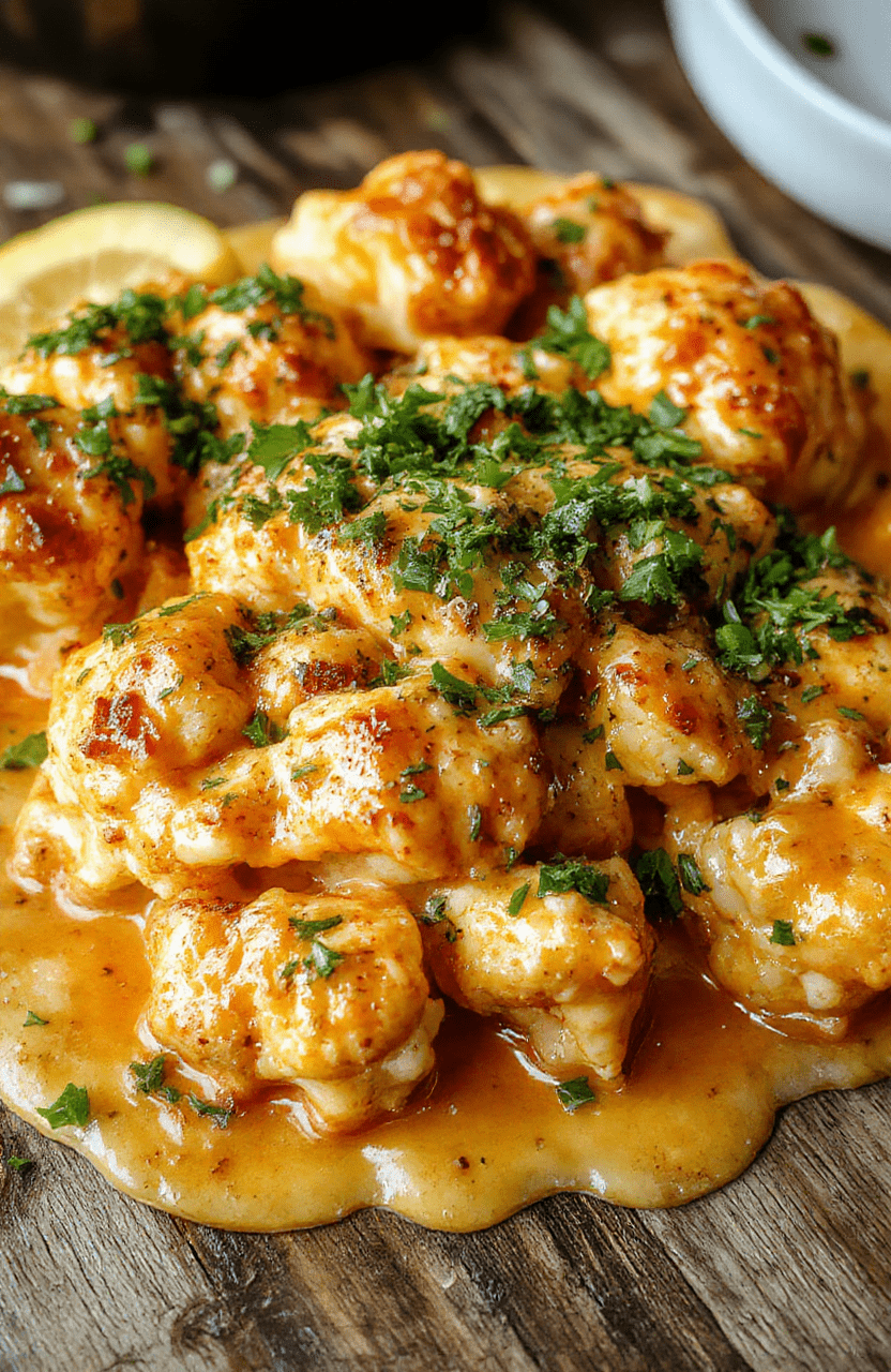 A colorful casserole dish filled with creamy buffalo chicken topped with melted cheese and crispy cauliflower florets, garnished with fresh green herbs on a rustic wooden table