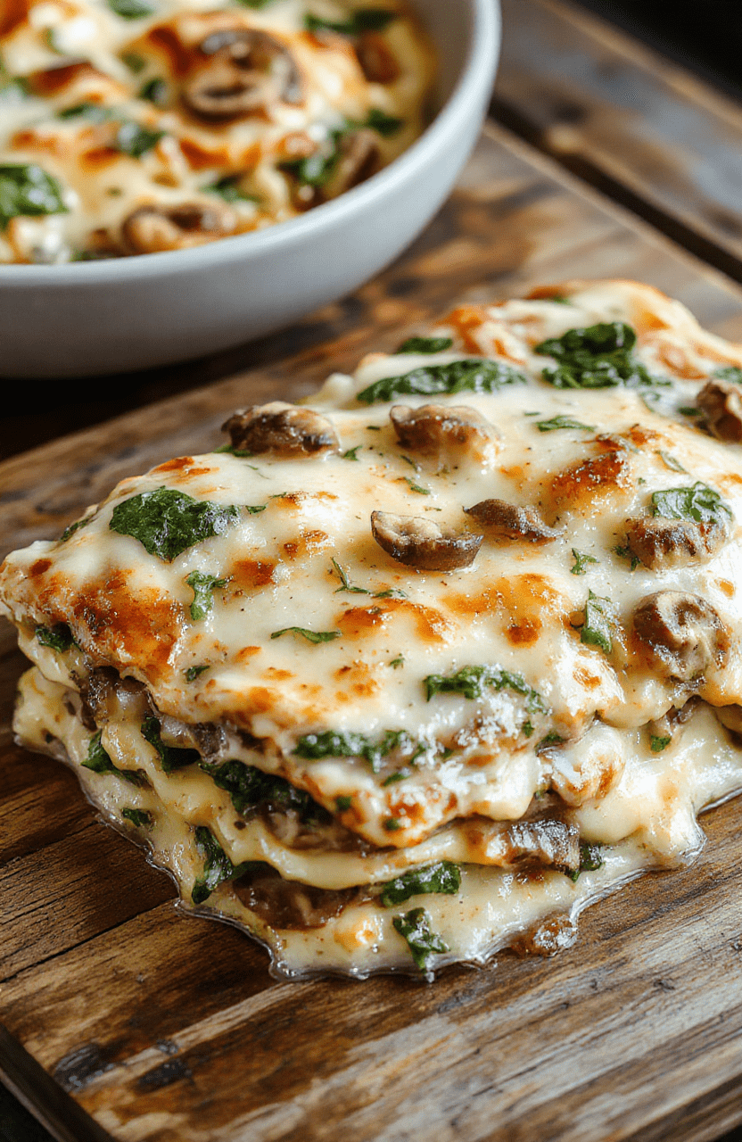 A vibrant slice of mushroom and spinach lasagna on a rustic wooden plate, layered with rich creamy sauce, melted cheese, fresh spinach, and sautéed mushrooms, garnished with herbs, with a slight crispy edge, set on a dark textured background with natural light highlighting the textures and colors.