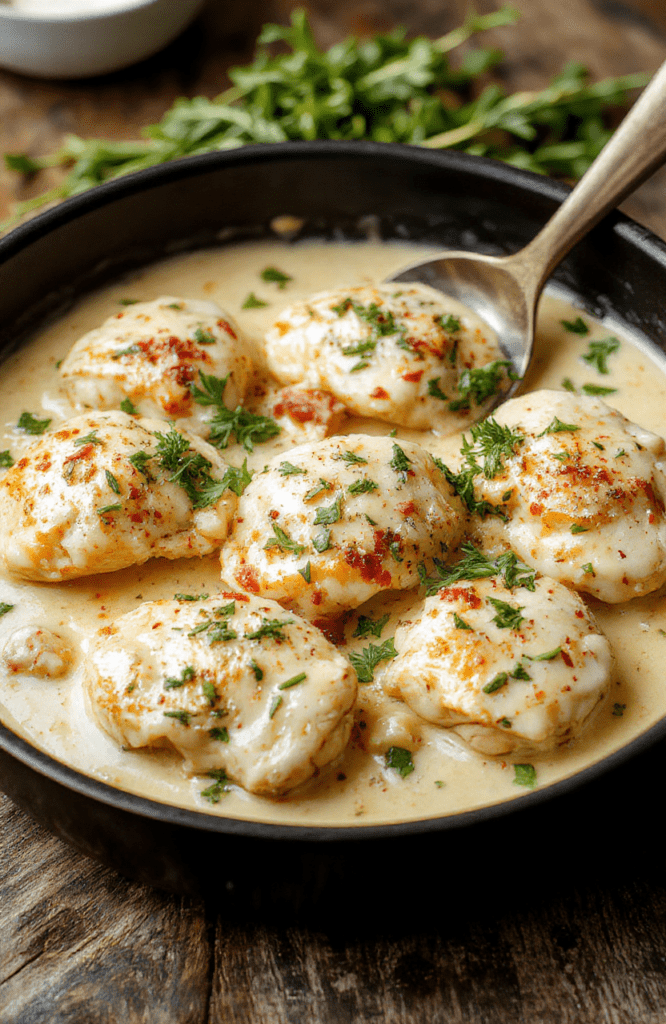 A vibrant plate featuring tender chicken breasts smothered in a creamy pepperoncini sauce with sliced green peppers and a sprinkle of herbs, beautifully plated on a rustic wooden table with a side of fresh herbs and a drizzle of sauce, colorful and appetizing.