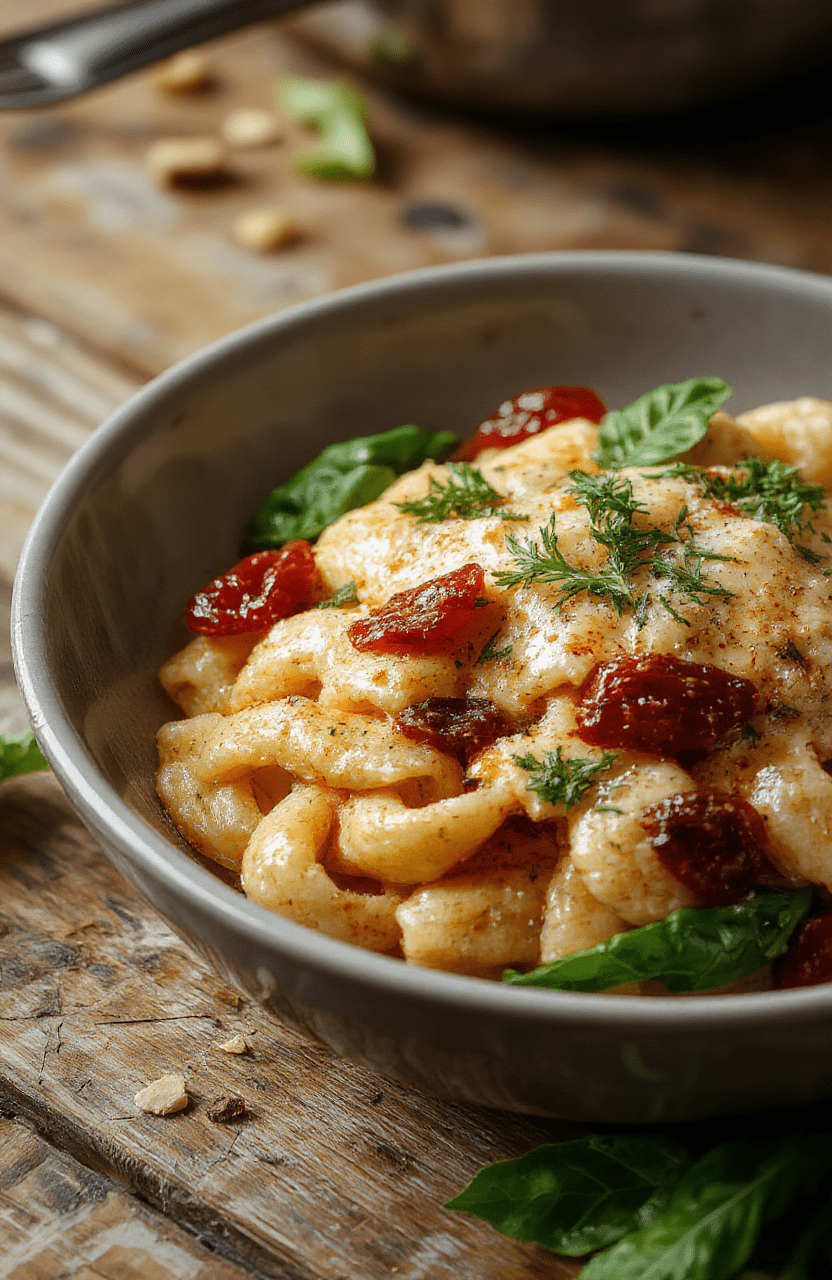 A vibrant plate of creamy sun-dried tomato spaghetti topped with fresh spinach, served on a rustic wooden table with a sprinkle of grated cheese and basil, highlighting rich red, green, and creamy textures with a glossy finish.