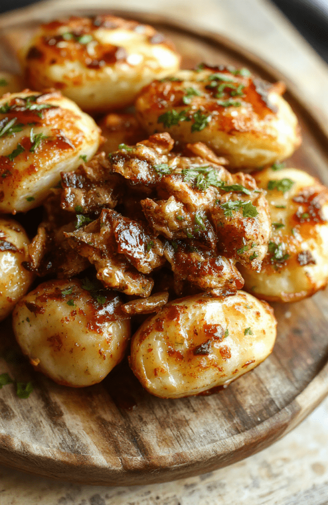 A golden crispy skinned baked potato sliced open to reveal fluffy, creamy interior, served on a rustic wooden plate with a sprinkle of herbs, vibrant textures, steam rising slightly, styled simply for an inviting look.