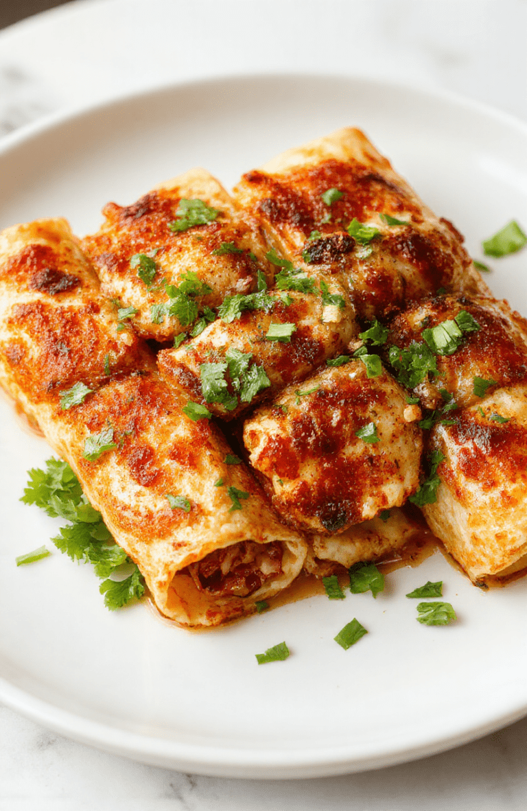 Golden-brown crispy chicken taquitos arranged on a white plate, garnished with fresh chopped cilantro and a side of creamy dipping sauce, with a textured wooden background.