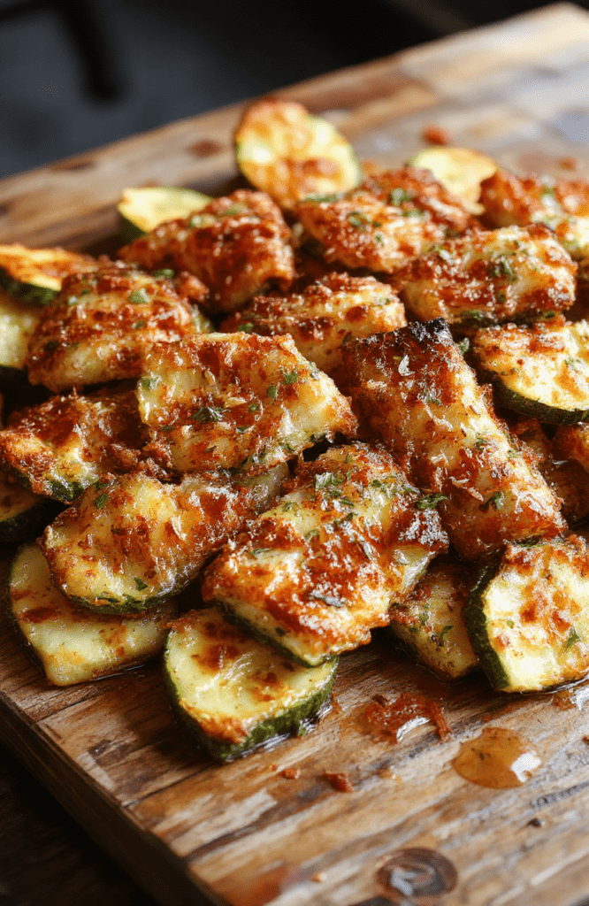 A plate of golden-brown crispy baked zucchini slices coated in Parmesan cheese, arranged neatly on a white ceramic plate with a sprinkle of fresh herbs. The zucchini is crispy on the edges, tender inside, with a cheesy, slightly browned crust. The background features a rustic wooden table with natural light highlighting the textures and vibrant green of the zucchini, styled simply with a touch of herbs for freshness.