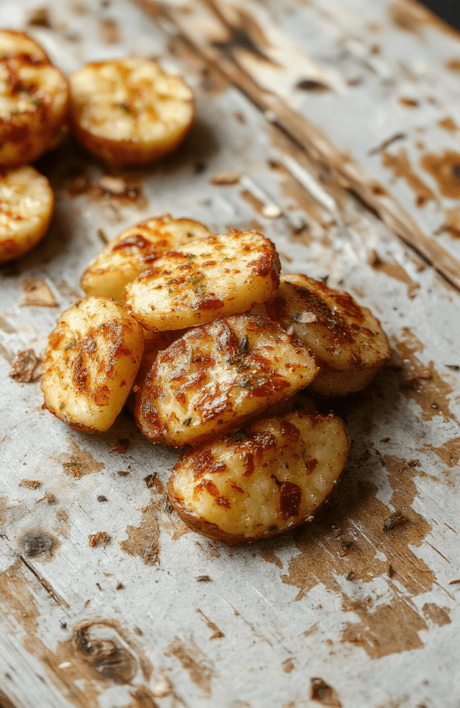 Golden crispy baked potato slices arranged neatly on a white ceramic plate with a light sprinkling of herbs, set against a rustic wooden background. The slices have a crunchy exterior with visible seasoning and a soft interior slightly peeking through. The lighting accentuates their texture and appetizing appearance, styled simply for a cozy, inviting vibe.