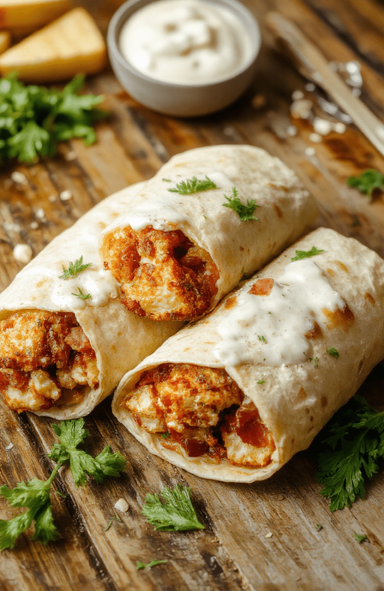A vibrant plate of crispy chicken bacon ranch wraps arranged neatly, featuring golden-brown fried chicken pieces, crispy bacon strips, fresh lettuce and ripe tomato slices wrapped in a soft tortilla with visible ranch sauce drizzle, styled with a rustic wooden background and natural light highlighting the textures.