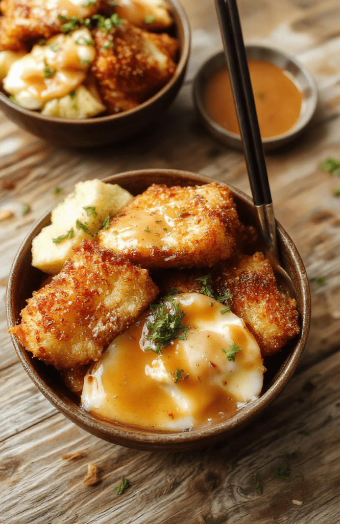 A vibrant bowl filled with crispy breaded chicken katsu sliced into strips, drizzled with rich tonkatsu sauce, served over steamed white rice and garnished with shredded cabbage and sesame seeds. The dish is styled simply on a rustic wooden surface, showcasing textures from the crunchy breading to glossy sauce, with a colorful backdrop highlighting the freshness.