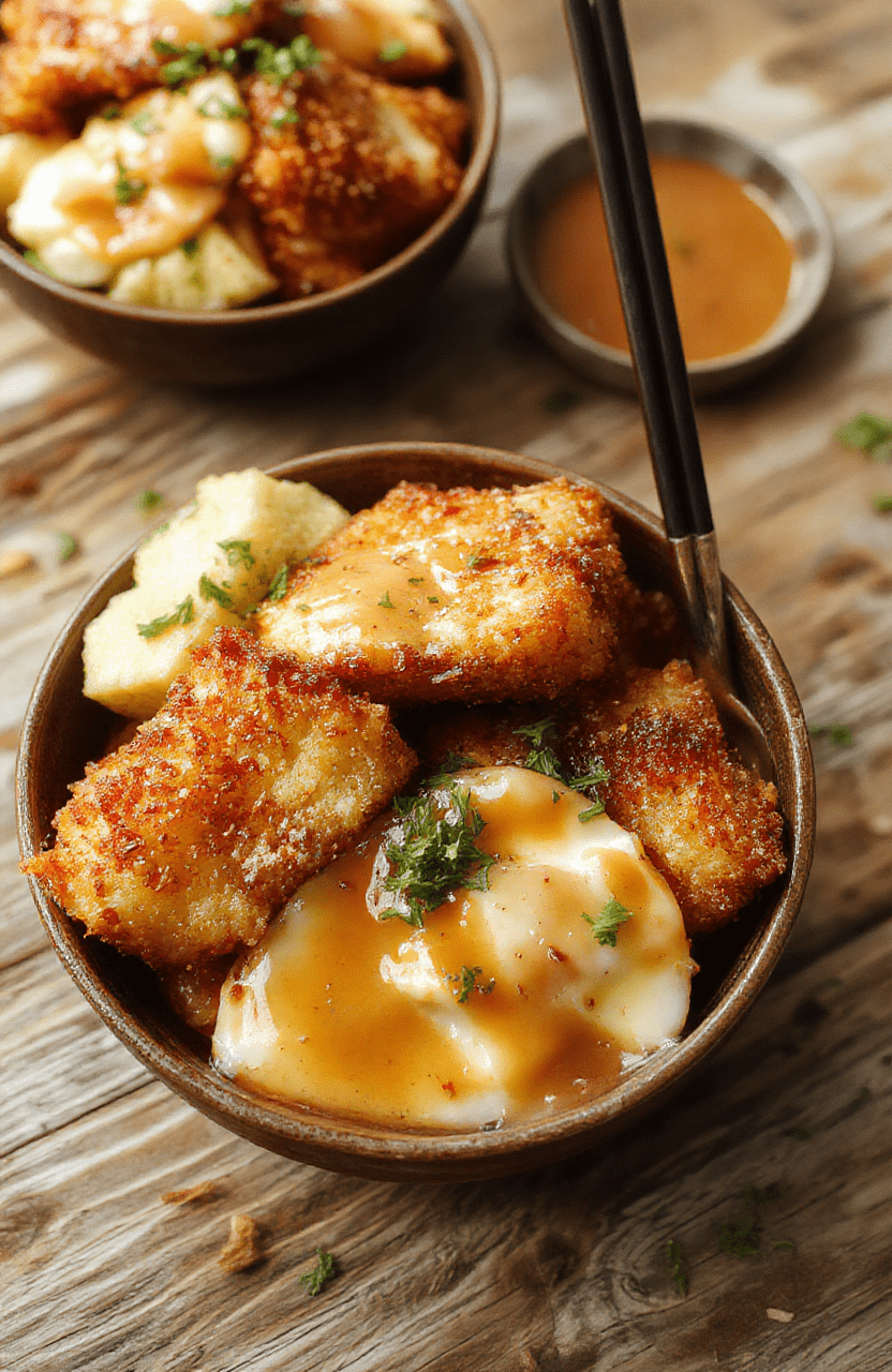 A vibrant bowl filled with crispy breaded chicken katsu sliced into strips, drizzled with rich tonkatsu sauce, served over steamed white rice and garnished with shredded cabbage and sesame seeds. The dish is styled simply on a rustic wooden surface, showcasing textures from the crunchy breading to glossy sauce, with a colorful backdrop highlighting the freshness.