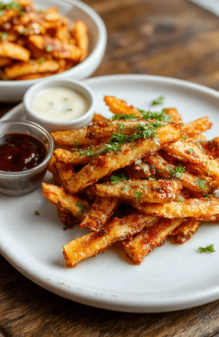 A plate of golden, crispy sweet potato fries arranged neatly on a rustic white ceramic plate, garnished with fresh green herbs. The texture is crunchy on the outside with a tender interior, showcasing vibrant orange and deep charred spots. The fries are sprinkled with coarse sea salt and served against a neutral, natural wood table background with soft natural daylight highlighting their crispy surface.