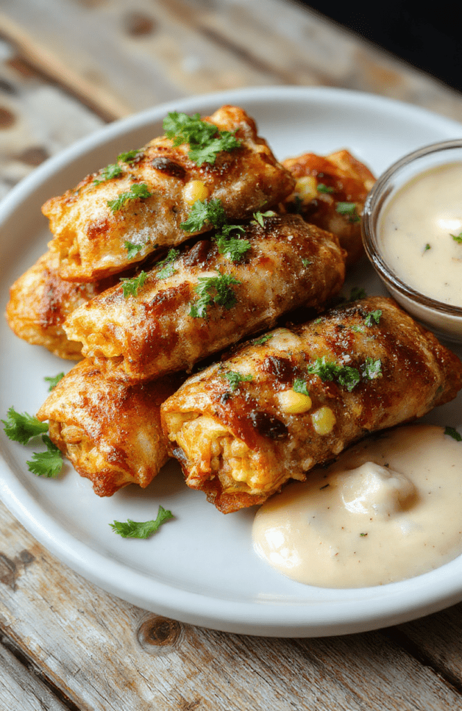 Colorful crispy homemade southwest egg rolls displayed on a white plate, filled with vibrant corn, black beans, cheese, and seasoned chicken, garnished with fresh cilantro and served with a side of creamy dipping sauce.