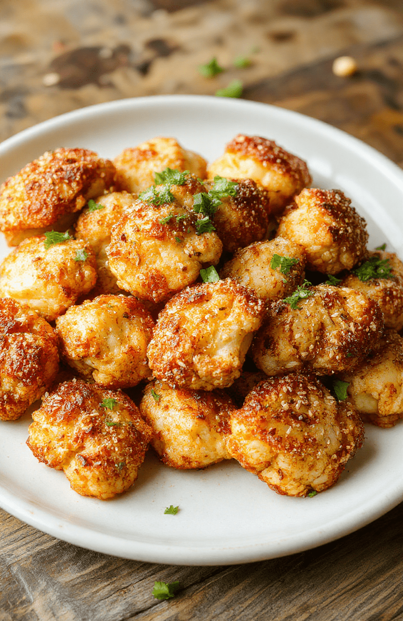 A vibrant plate of crispy sesame cauliflower wings with golden-brown coating, garnished with sesame seeds and scallions, arranged neatly on a rustic white dish against a light wooden background, with textures of crunchy exterior and tender cauliflower inside, styled simply for an appetizing vegan appetizer.
