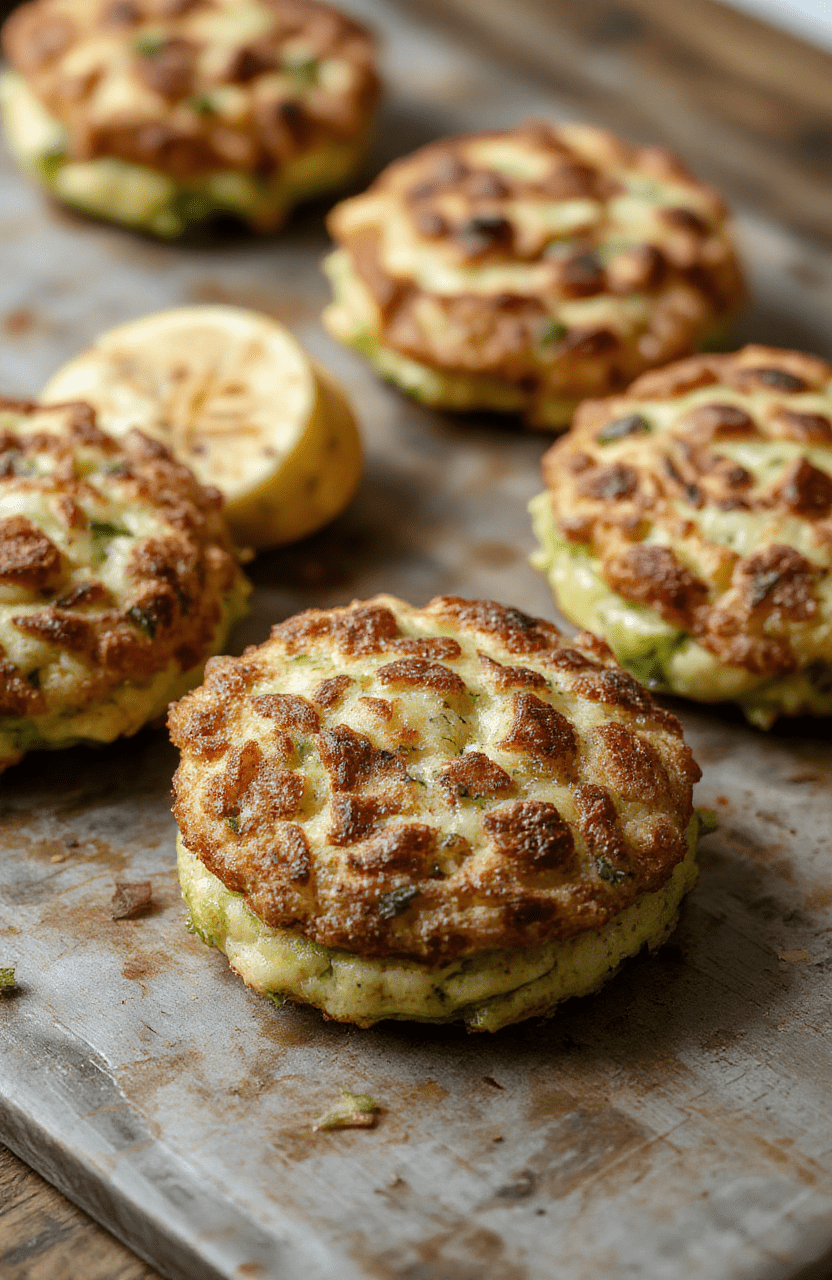 Golden brown crispy zucchini fritters arranged on a rustic wooden platter, garnished with fresh herbs and served with a side of dipping sauce, showcasing a crunchy exterior and tender zucchini interior, styled naturally with vibrant green and warm golden hues.